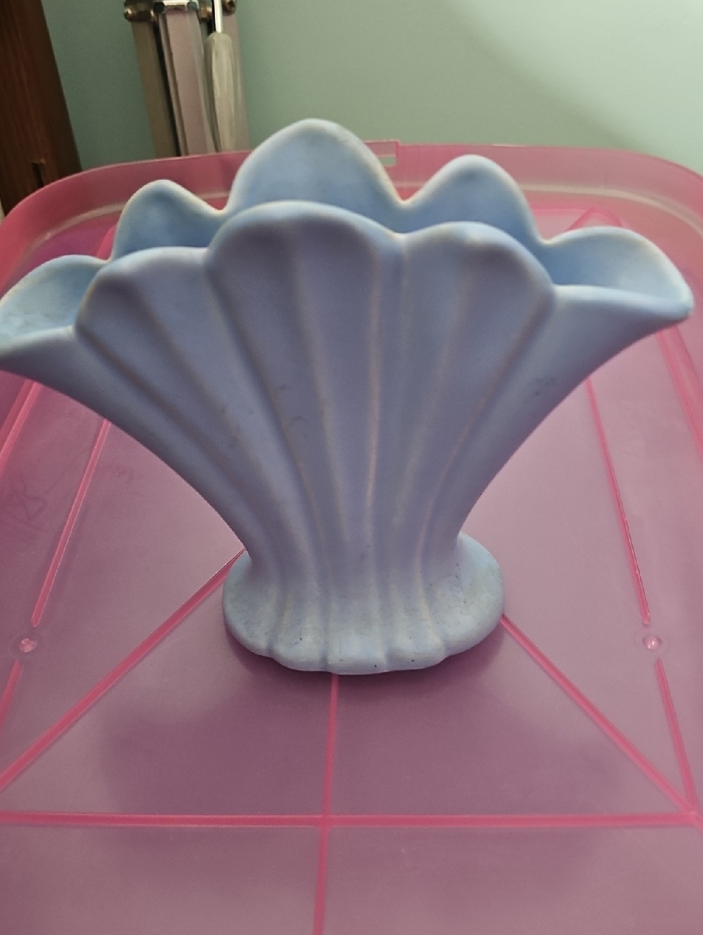 Vintage USA Ceramic Classic Fan-Shaped Ceramic Vase in Light Blue